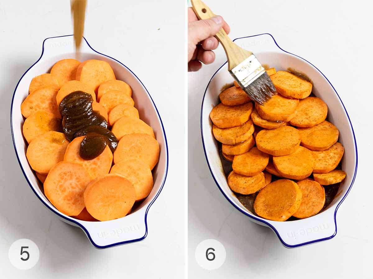 Syrup poured over sliced sweet potatoes and a person brushing partially cooked potatoes with the syrup.