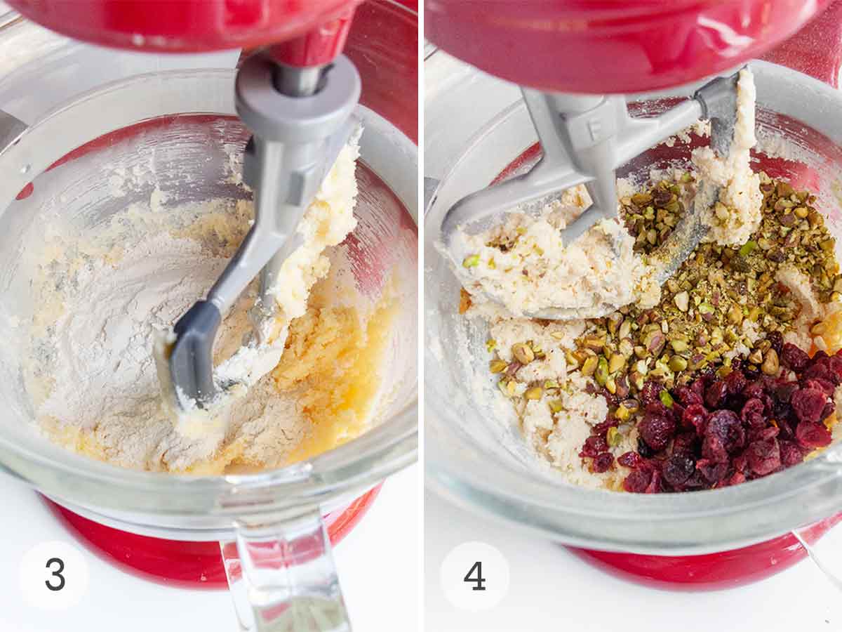 Dry ingredients added to cookie dough in a stand mixer, then cranberries and pistachios being mixed in.