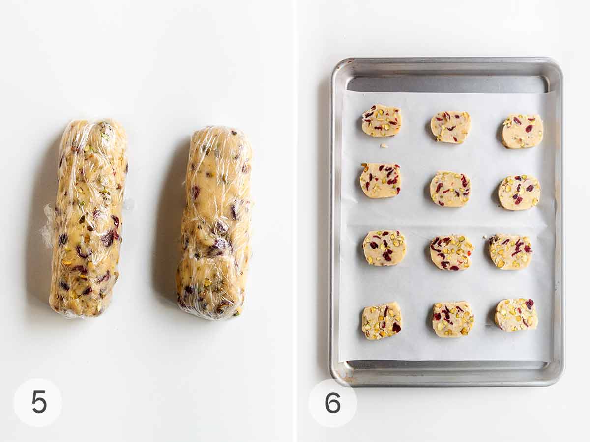 Cookie dough rolled into two logs, and sliced cookie rounds on a parchment-lined baking sheet.