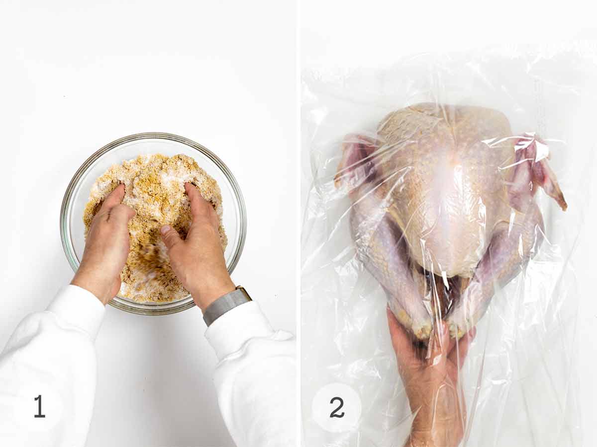 A person mixing sugar and salt in a bowl and a person placing a whole turkey in a plastic bag.