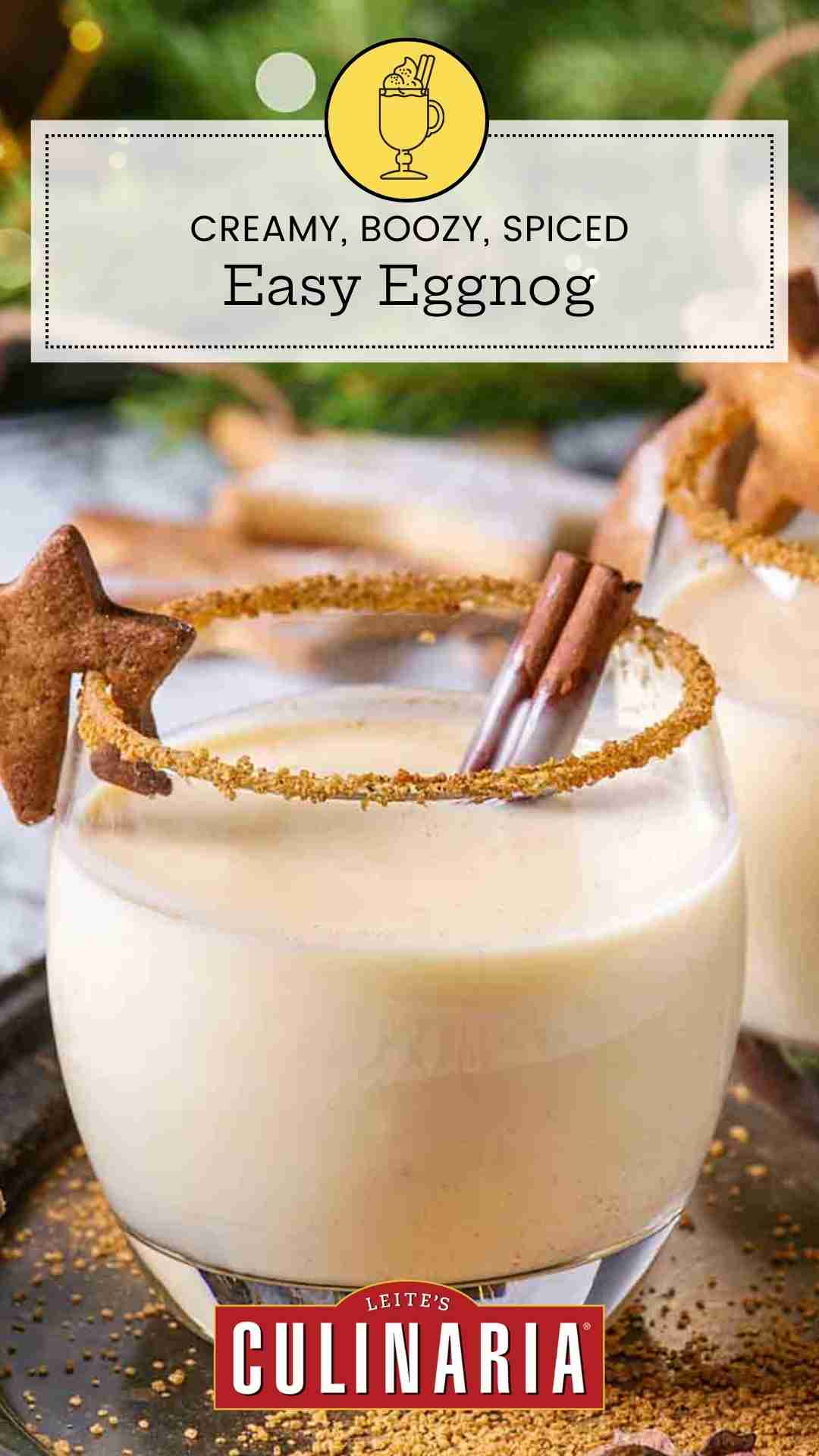 Two eggnogs in glasses with a gingerbread star on the lip and a rim of cinnamon.
