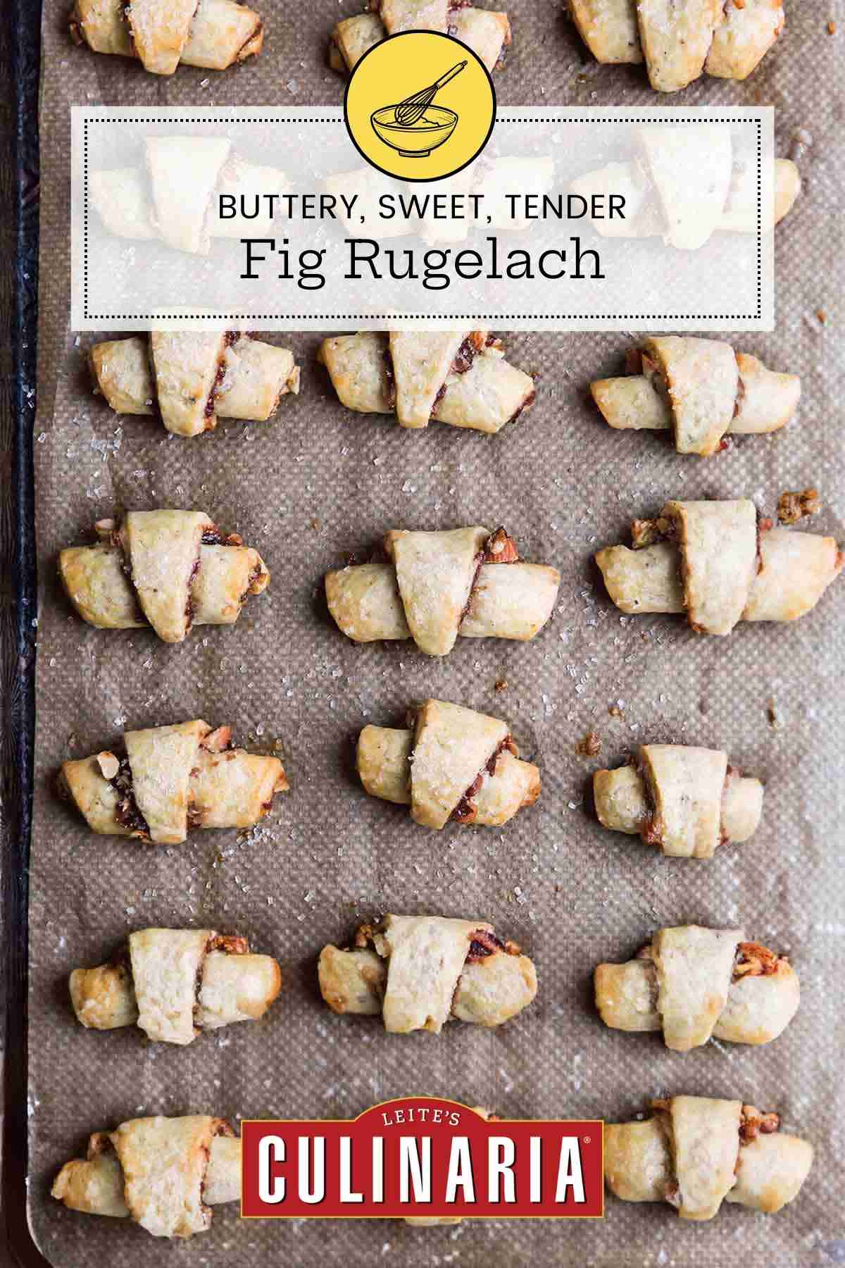 A baking sheet with four rows of baked fig rugelach.