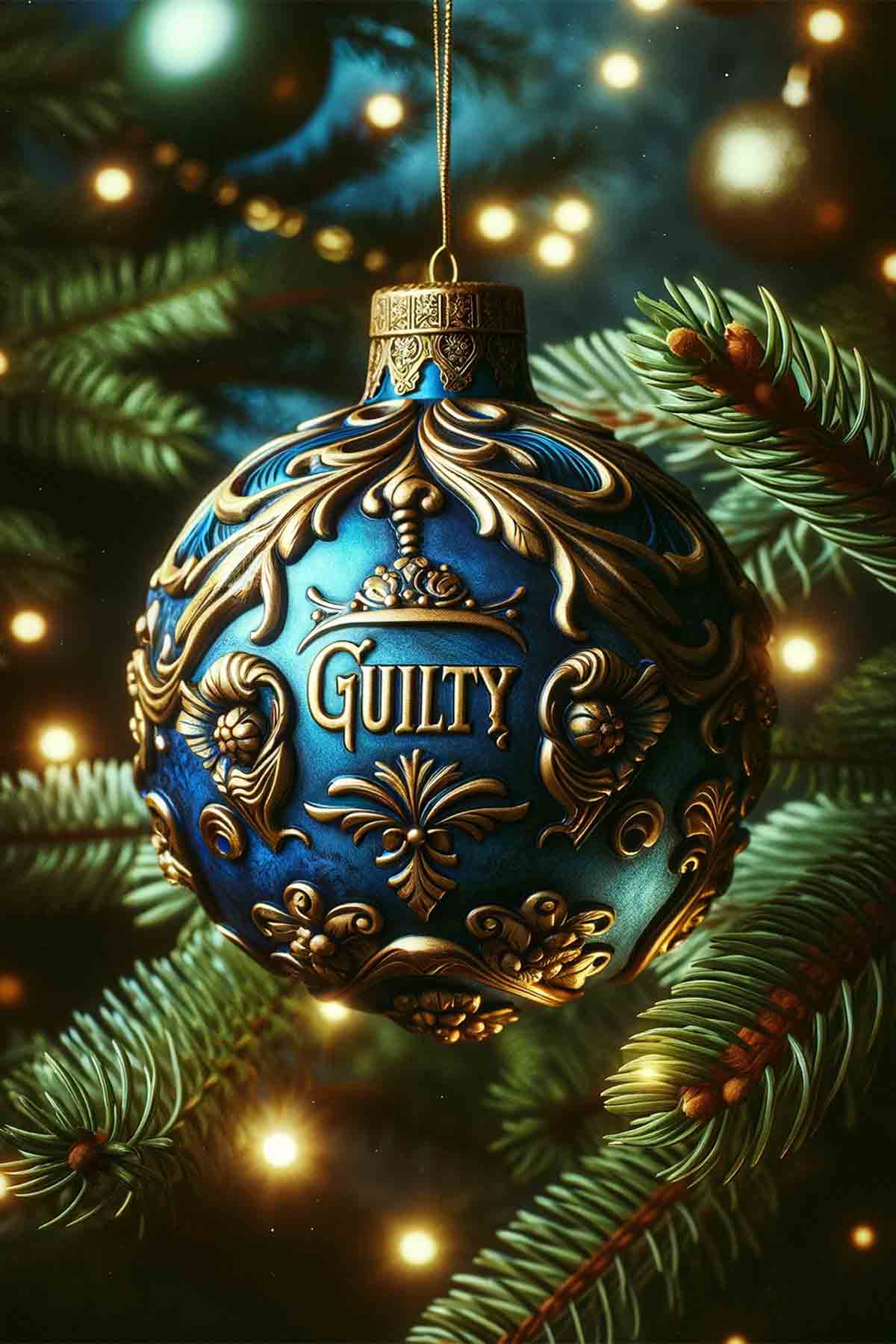An ornate blue-and-gold Christmas ornament hanging from a Christmas tree branch.