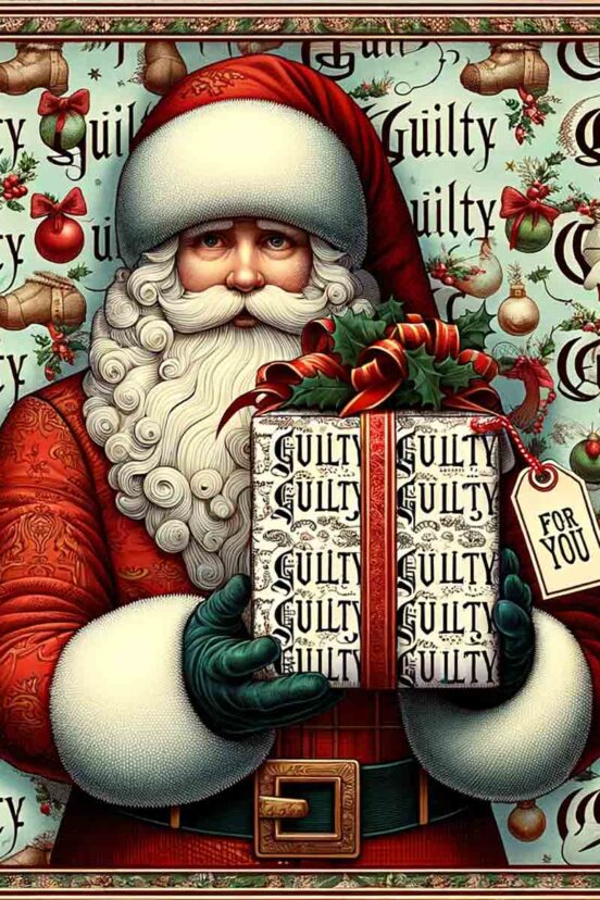 Santa Claus holding a present wrapped in paper that reads "Guilty."