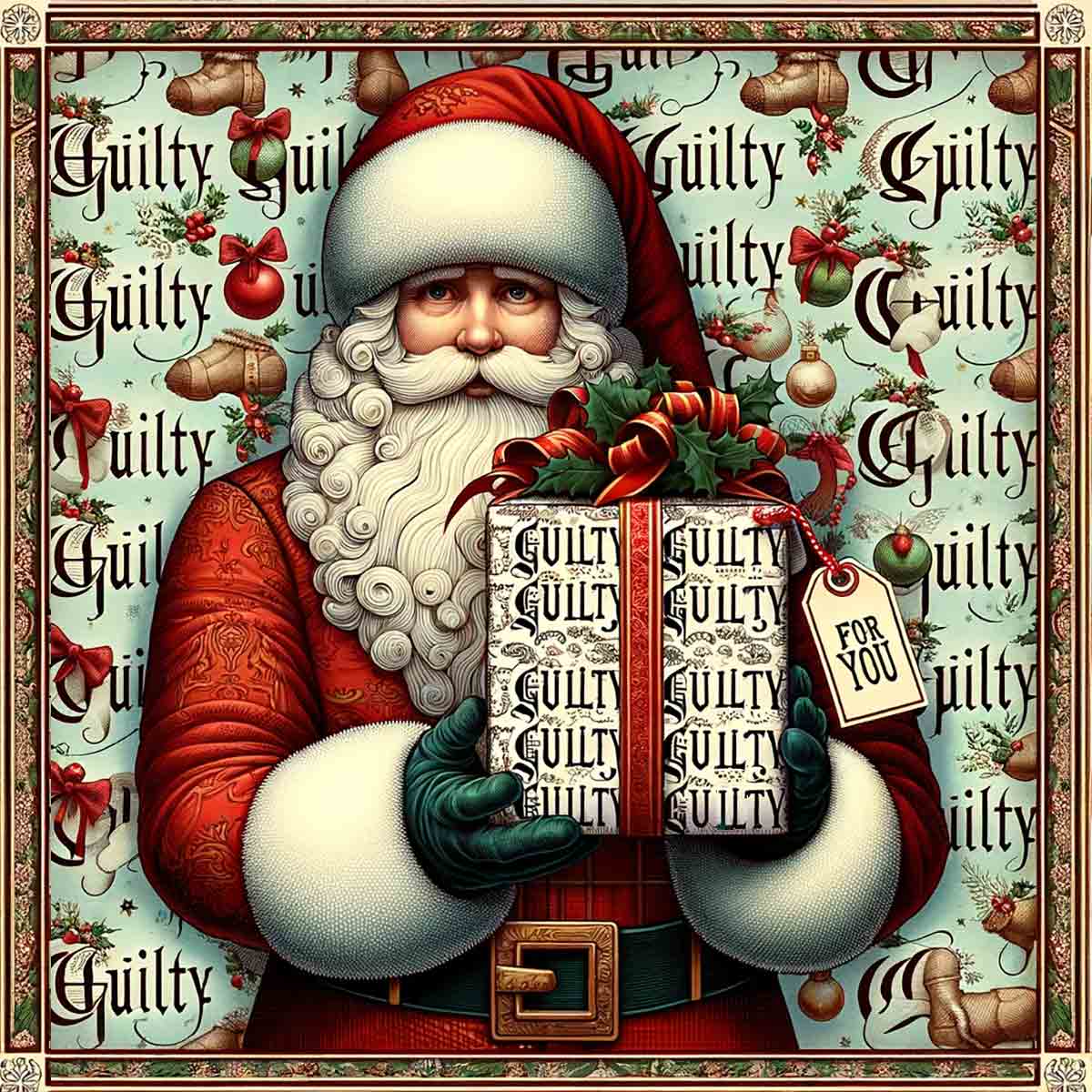Santa Claus holding a present wrapped in paper that reads "Guilty."