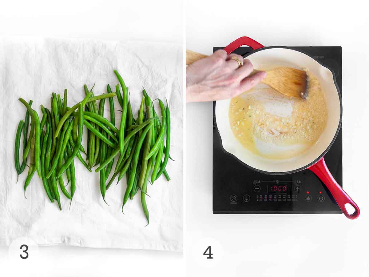 Blanched green beans drying on a kitchen towel and a person sauteing garlic in butter.