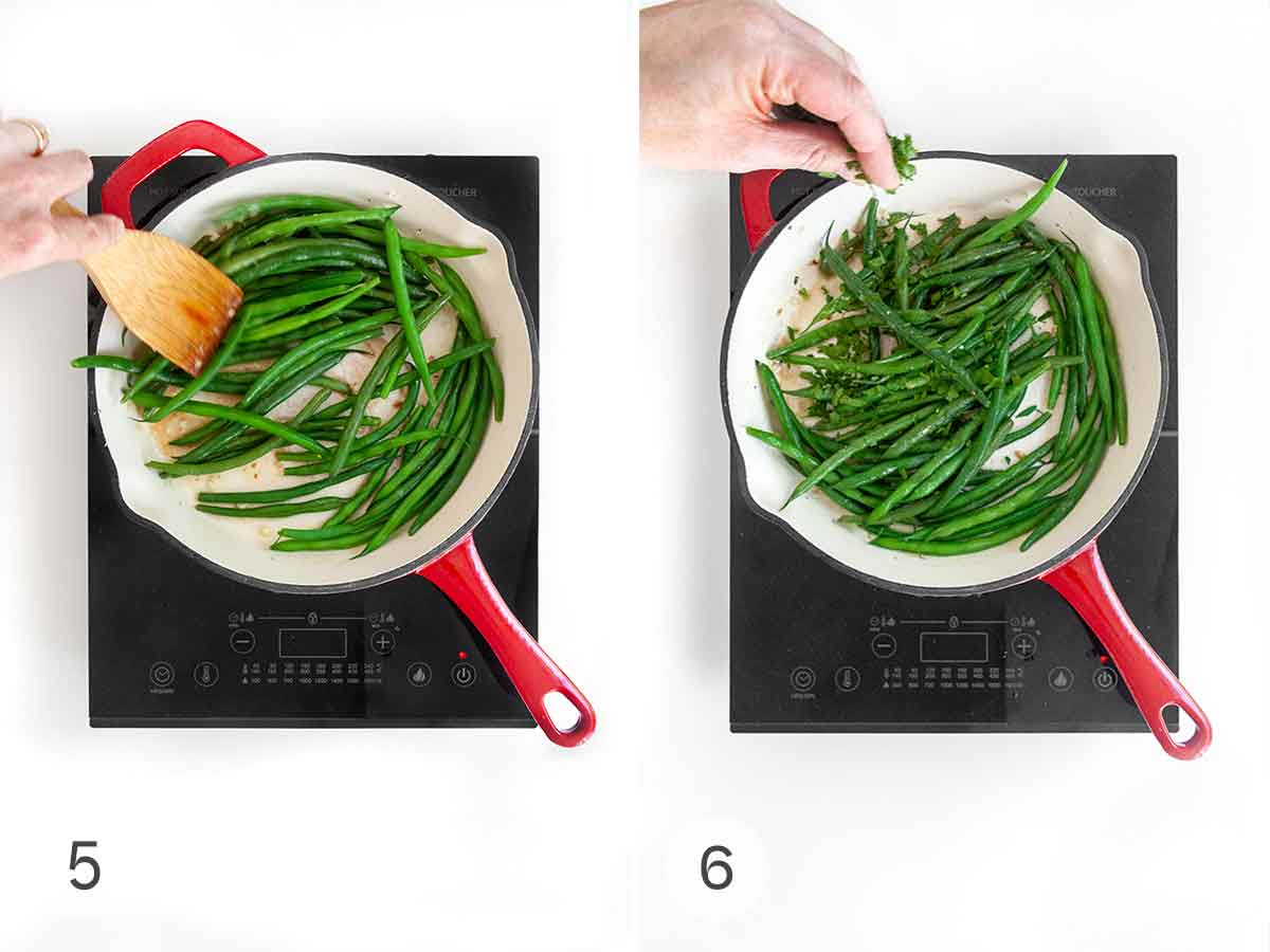 A person sauteing green beans in garlic butter, then sprinkling parsley over the top.