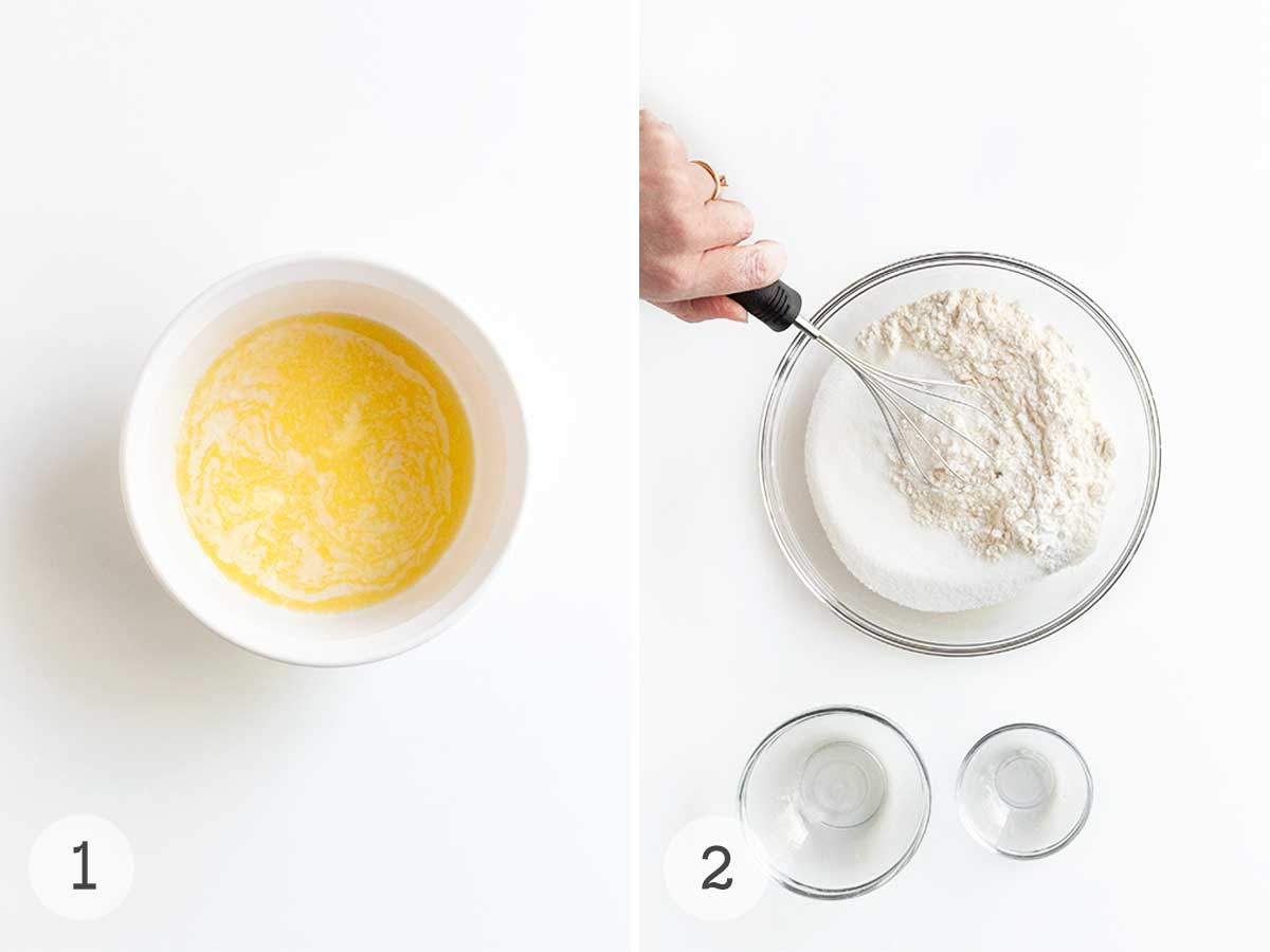 Melted butter in a bowl and a person whisking dry ingredients together.