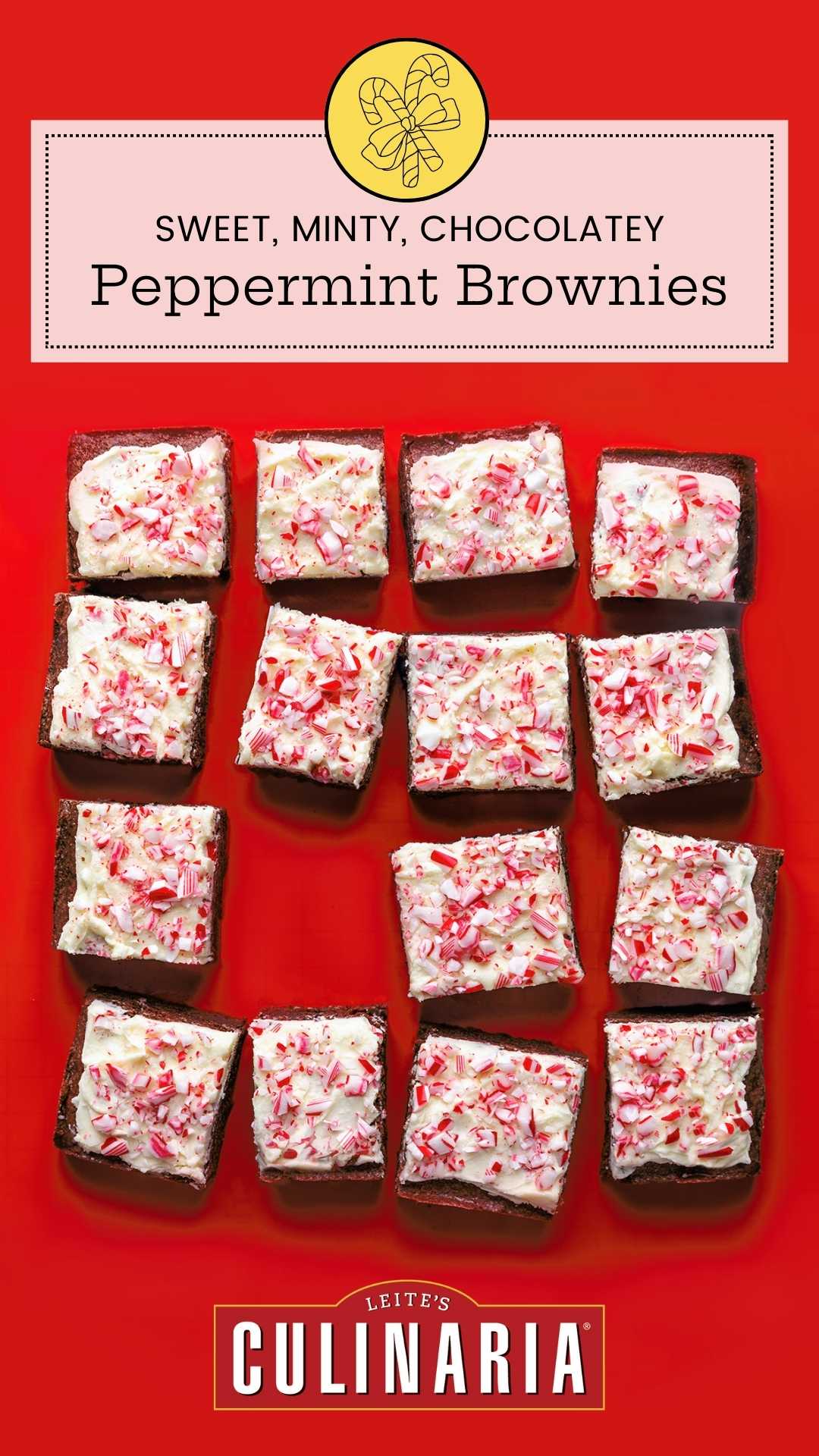 Fifteen brownies, frosted with white frosting and speckled with crushed peppermint candies.
