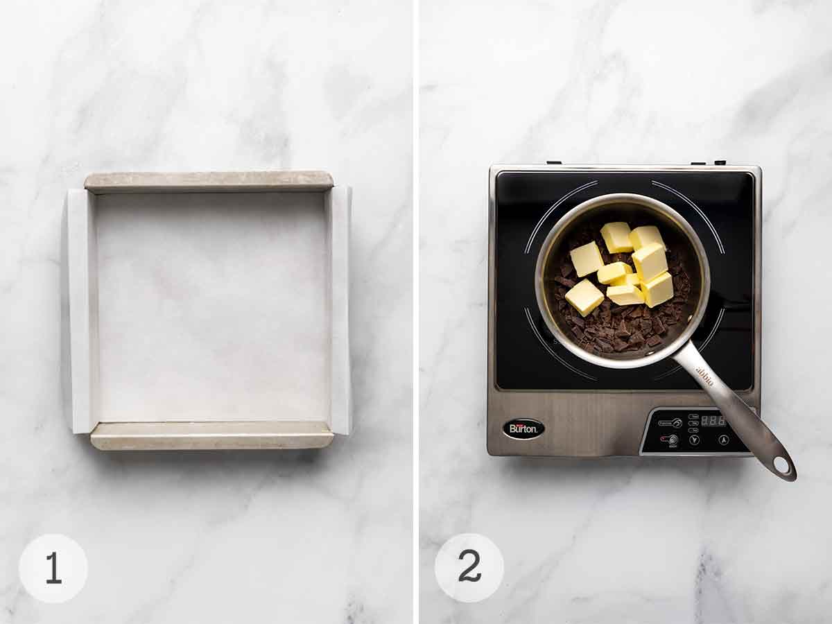 A square baking pan lined with parchment paper; an induction cooktop with a saucepan filled with chopped chocolate and butter.