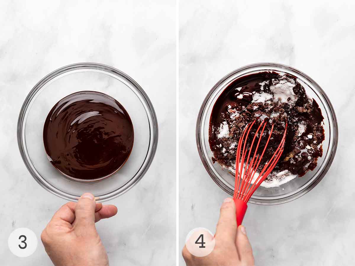 A man's hand holding a bowl of melted chocolate; a hand whisking sugar into the chocolate.