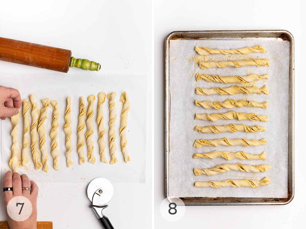 A person twisting cheese straws and a row of cheese straws lined up on a baking sheet.
