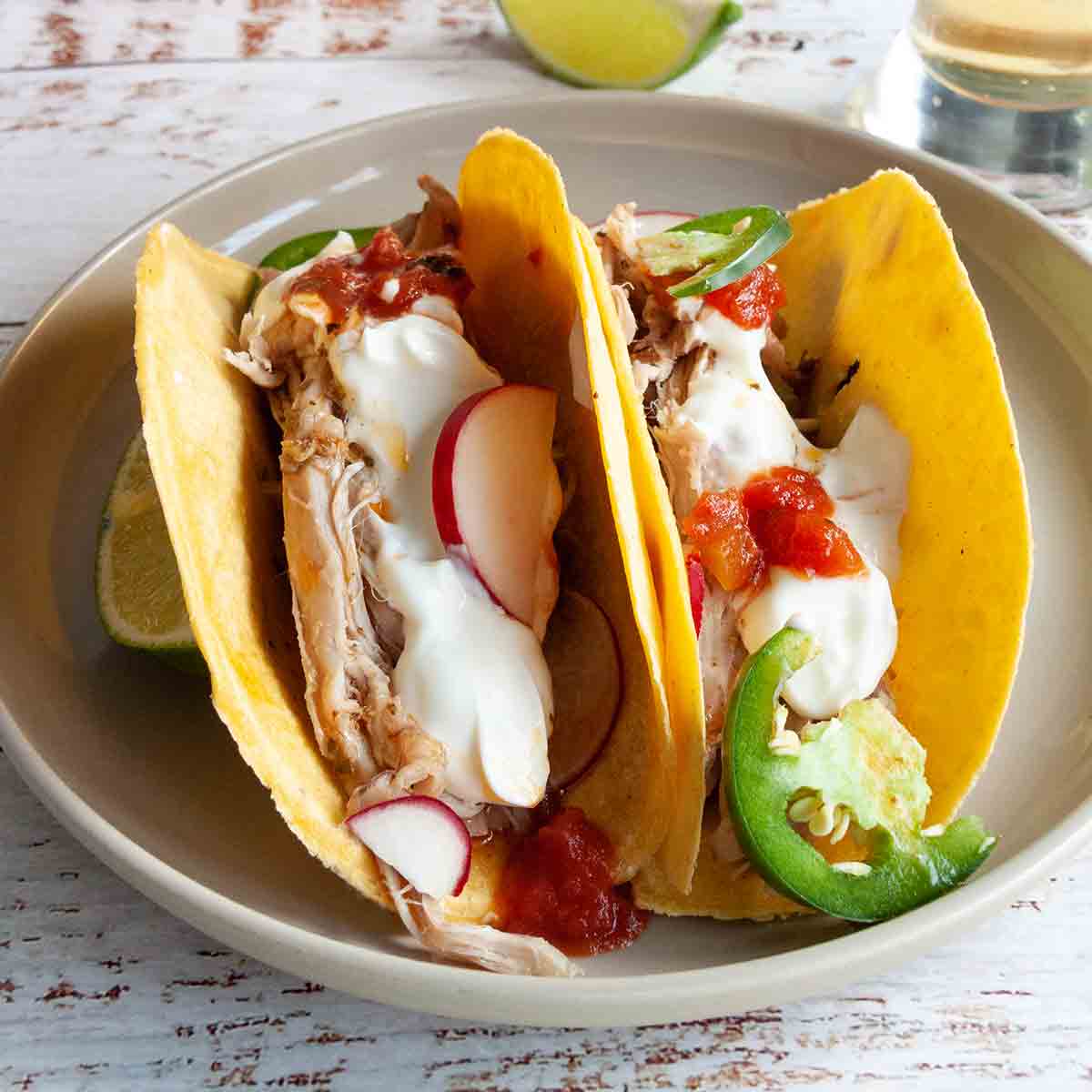 Two pork tacos filled with shredded pork, radishes, jalapenos, salsa, and sour cream on a plate.