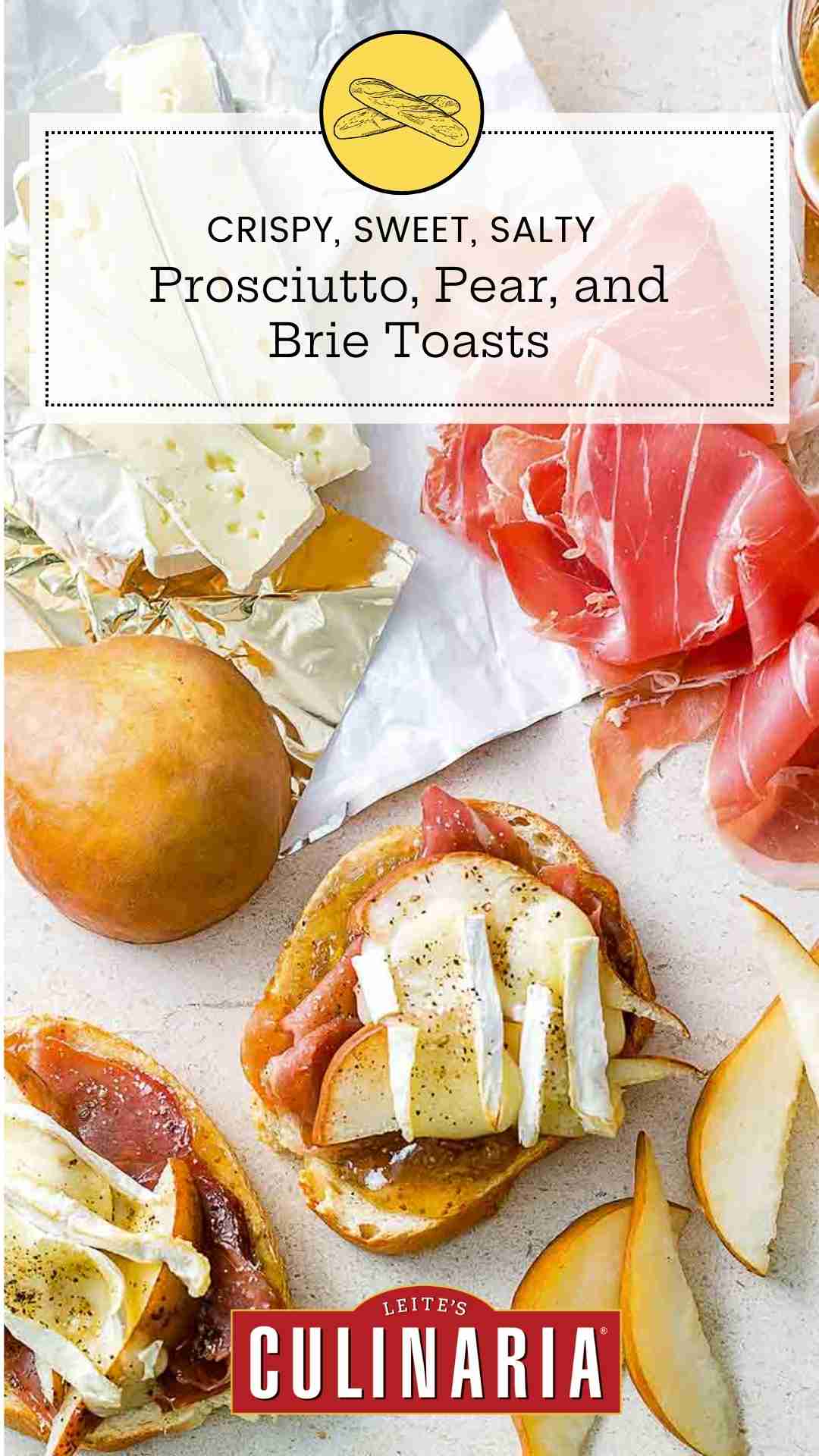 Two pieces of prosciutto, pear, and Brie toasts with slices of Brie, pear, prosciutto, and a jar of fig jam beside the toasts.