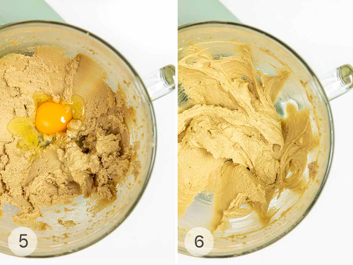Egg being added to a bowl of pumpkin cake batter and an image of whipped batter.