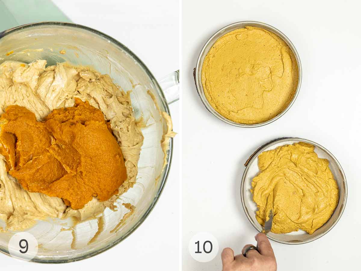 Pumpkin puree added to a bowl of cake batter, and the batter divided between two cake pans.