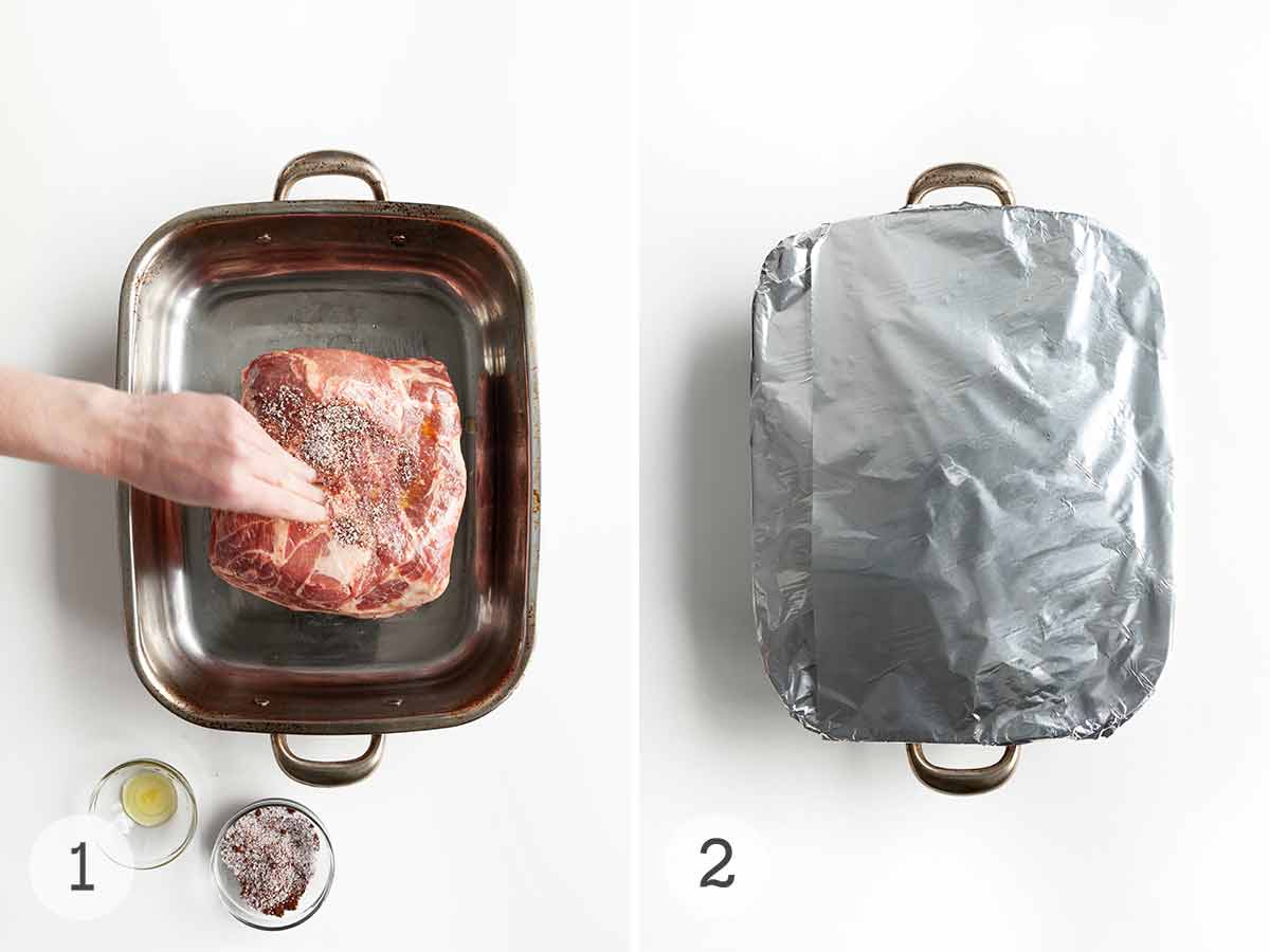 A person seasoning a pork roast and a covered roasting pan.