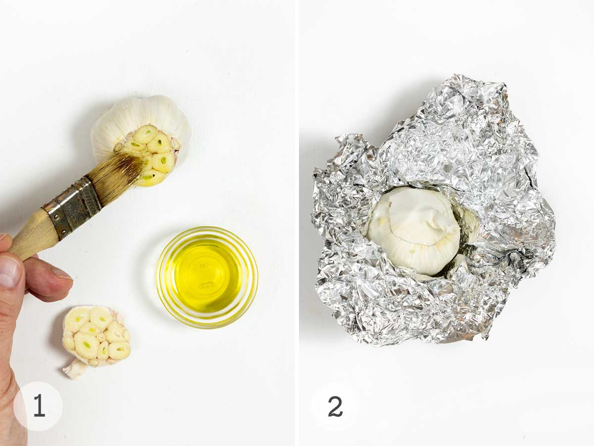 A person brushing a head of garlic with oil, then wrapping it in foil.