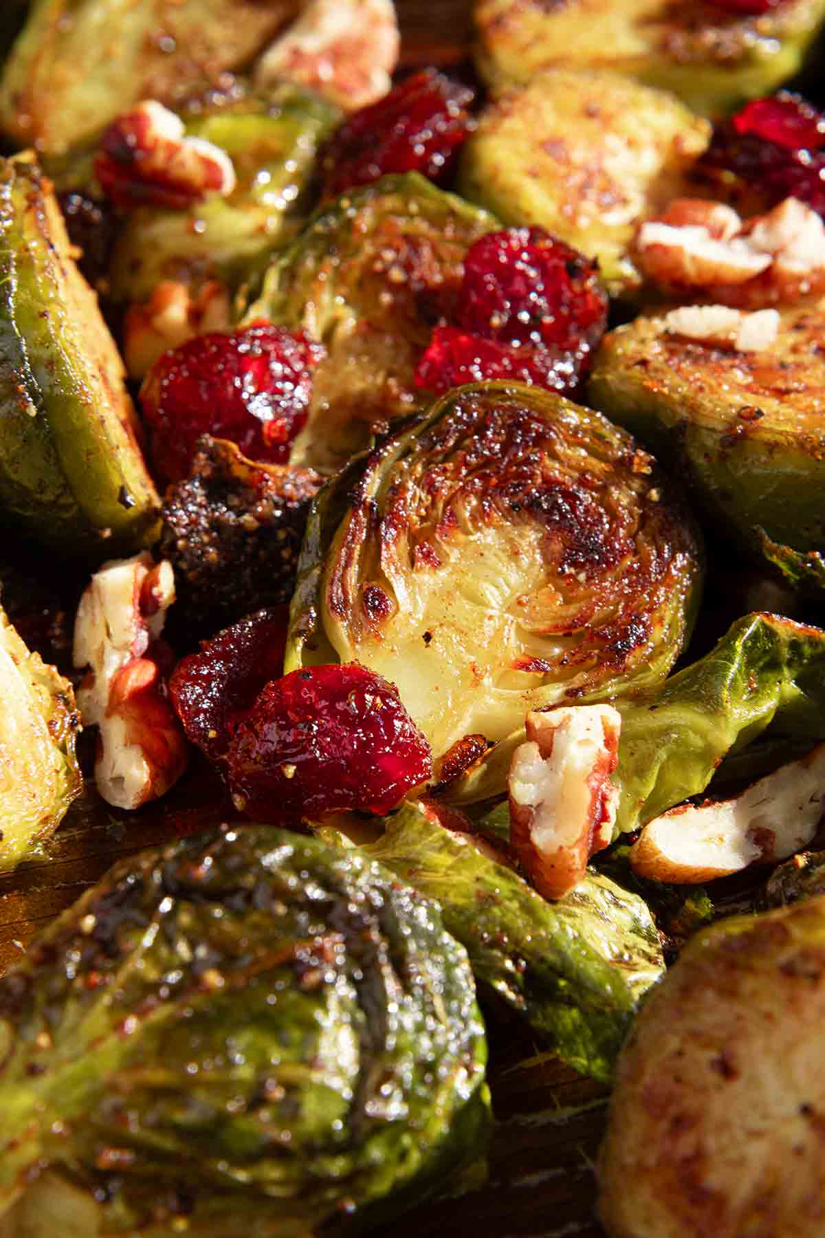 Roasted Brussels sprouts and dried cranberries.
