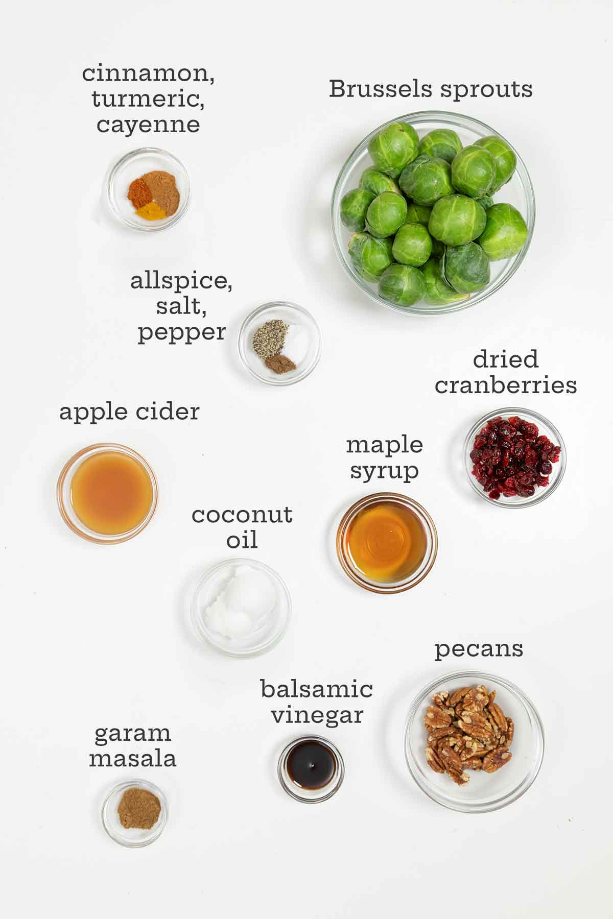Ingredients for spicy roasted Brussels sprouts--sprouts, spices, apple cider, coconut oil, nuts, dried cranberries.