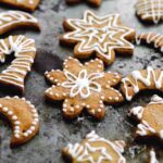 Sugar Christmas snow cookies, in various shapes, decorated with white icing.