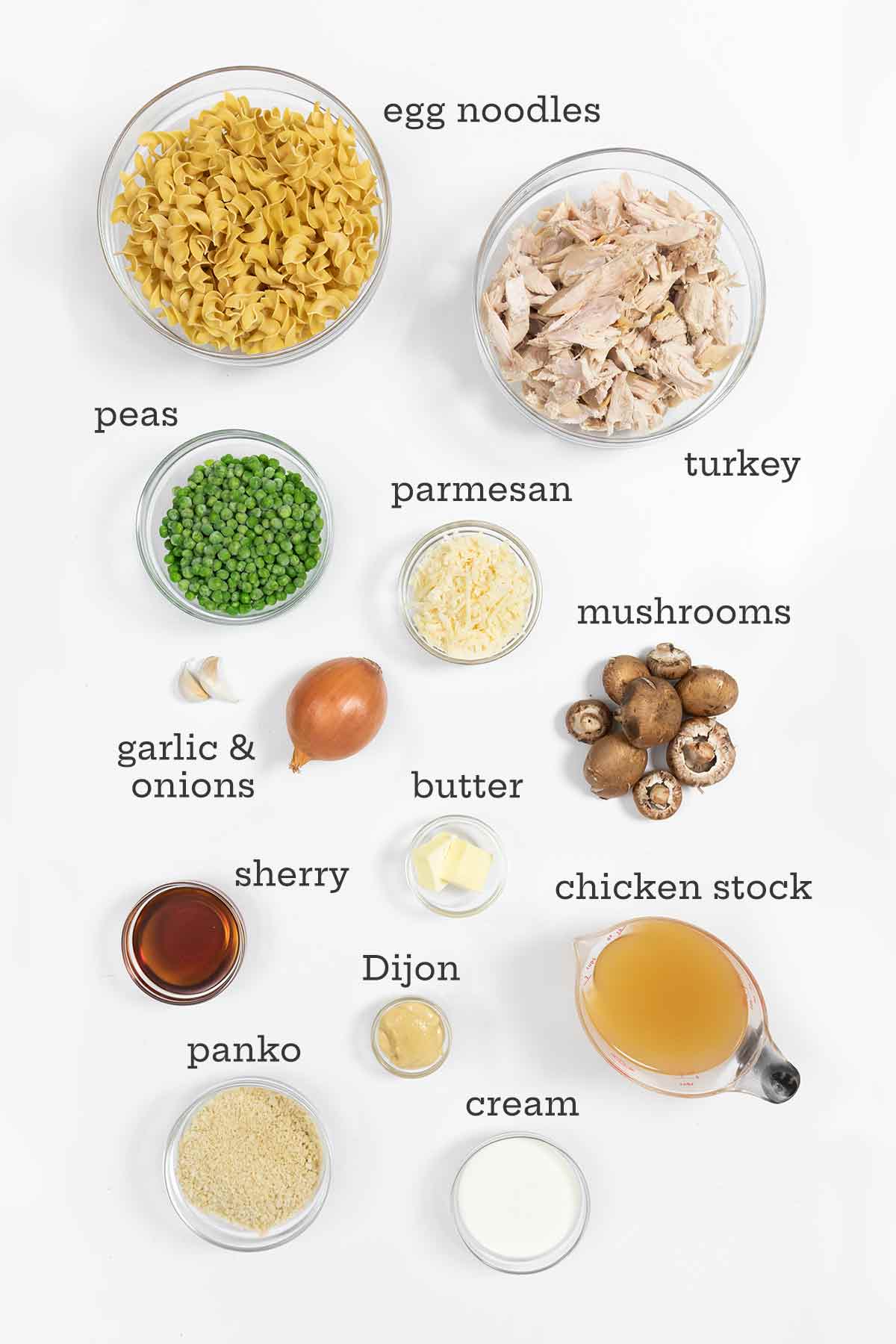 Ingredients for turkey tetrazzini--egg noodles, leftover turkey, peas, Parmesan, mushrooms, aromatics, stock, cream, panko, Dijon mustard, and sherry.
