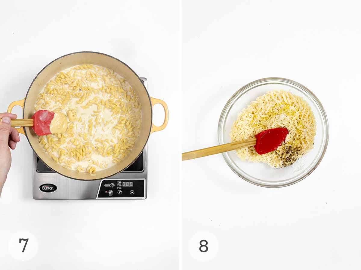 A person stirring an egg noodle mixture and panko, Parmesan, and seasoning in a glass bowl.