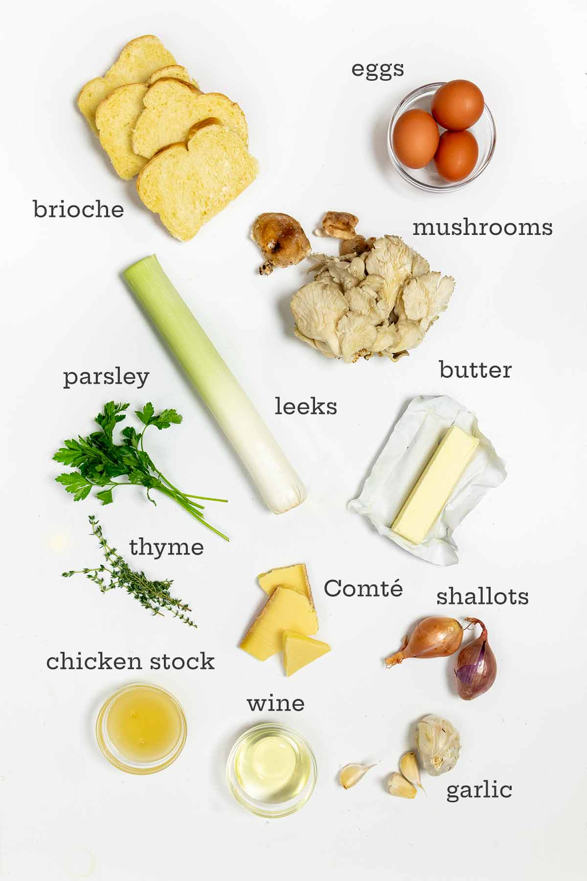 Ingredients for wild mushroom stuffing--bread, mushrooms, eggs, butter, cheese, herbs, shallots, garlic, stock, and wine.