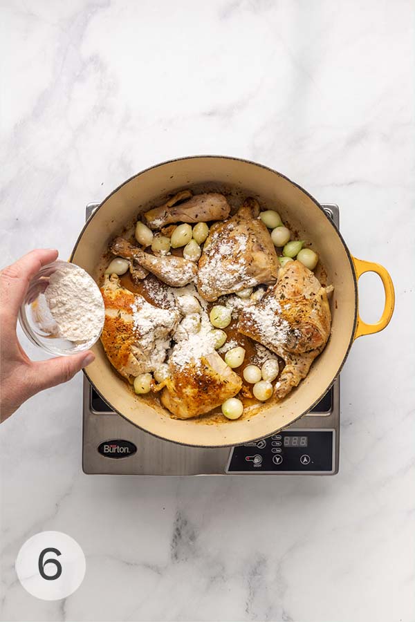 A person's hand sprinkling flour over the chicken for coq au vin.