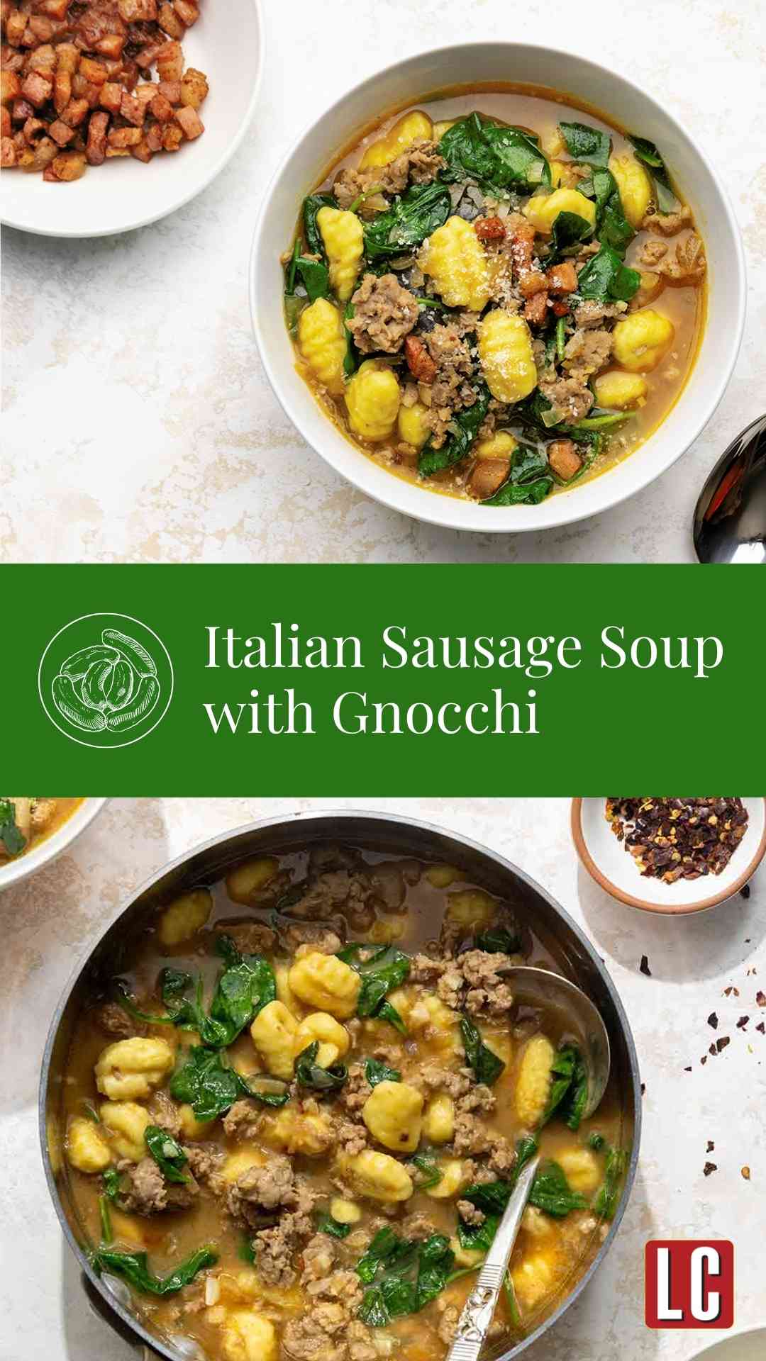 A pot and a bowl of bowl of Italian sausage soup with gnocchi.