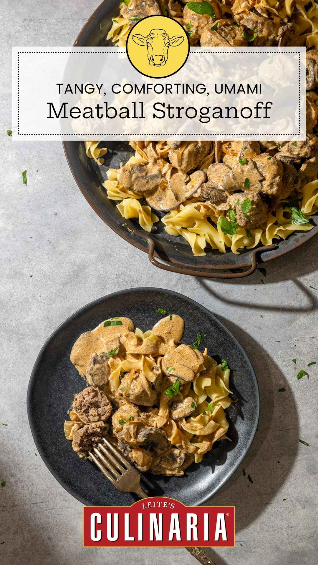 A platter of meatball Stroganoff over buttered noodles next to a black plate filled with the same.