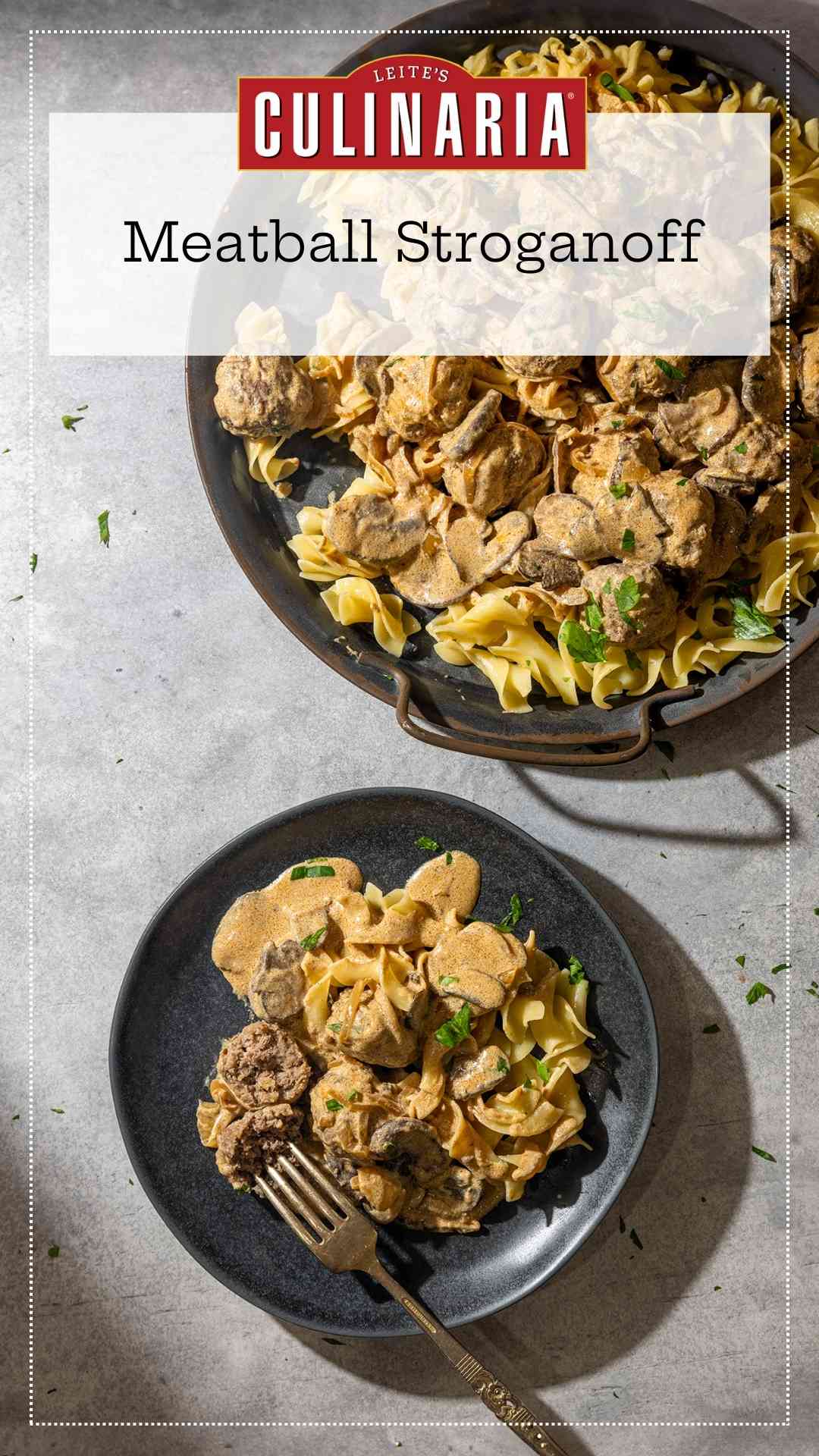 A platter of meatball Stroganoff over buttered noodles next to a black plate filled with the same.