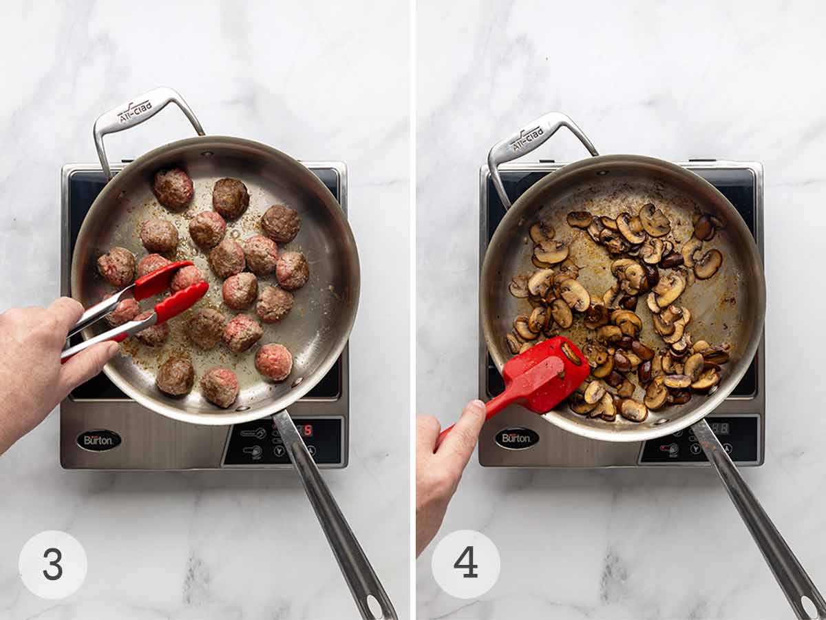 Meatballs being seared in a skillet; mushrooms being seared in a skillet