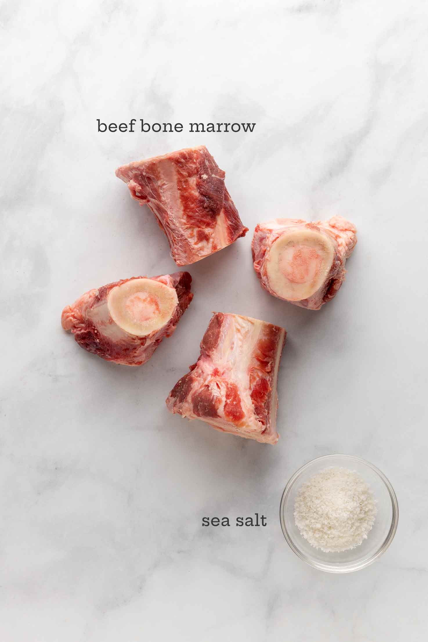 Ingredients for roasted bone marrow--beef bone marrow and sea salt.