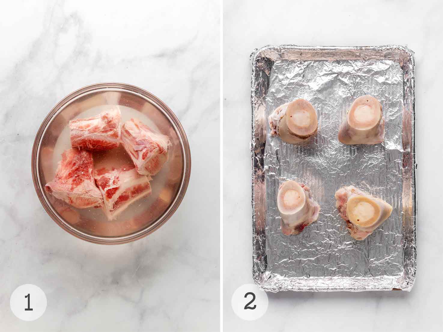 Bone marrow soaking in a bowl of salt water, and four pieces of bone marrow on a foil-covered baking sheet.