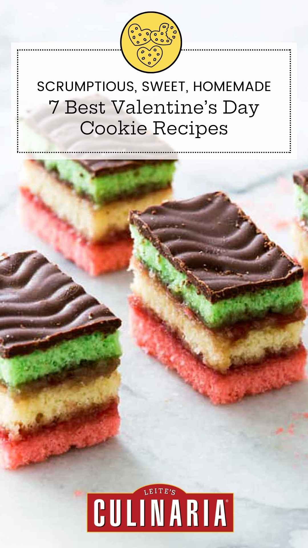 Several layered Italian rainbow cookies topped with chocolate on a marble surface.