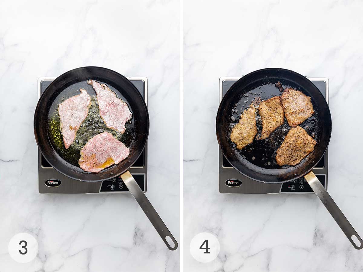 Floured veal cutlets in a skillet; seared veal cutlets in a skillet.