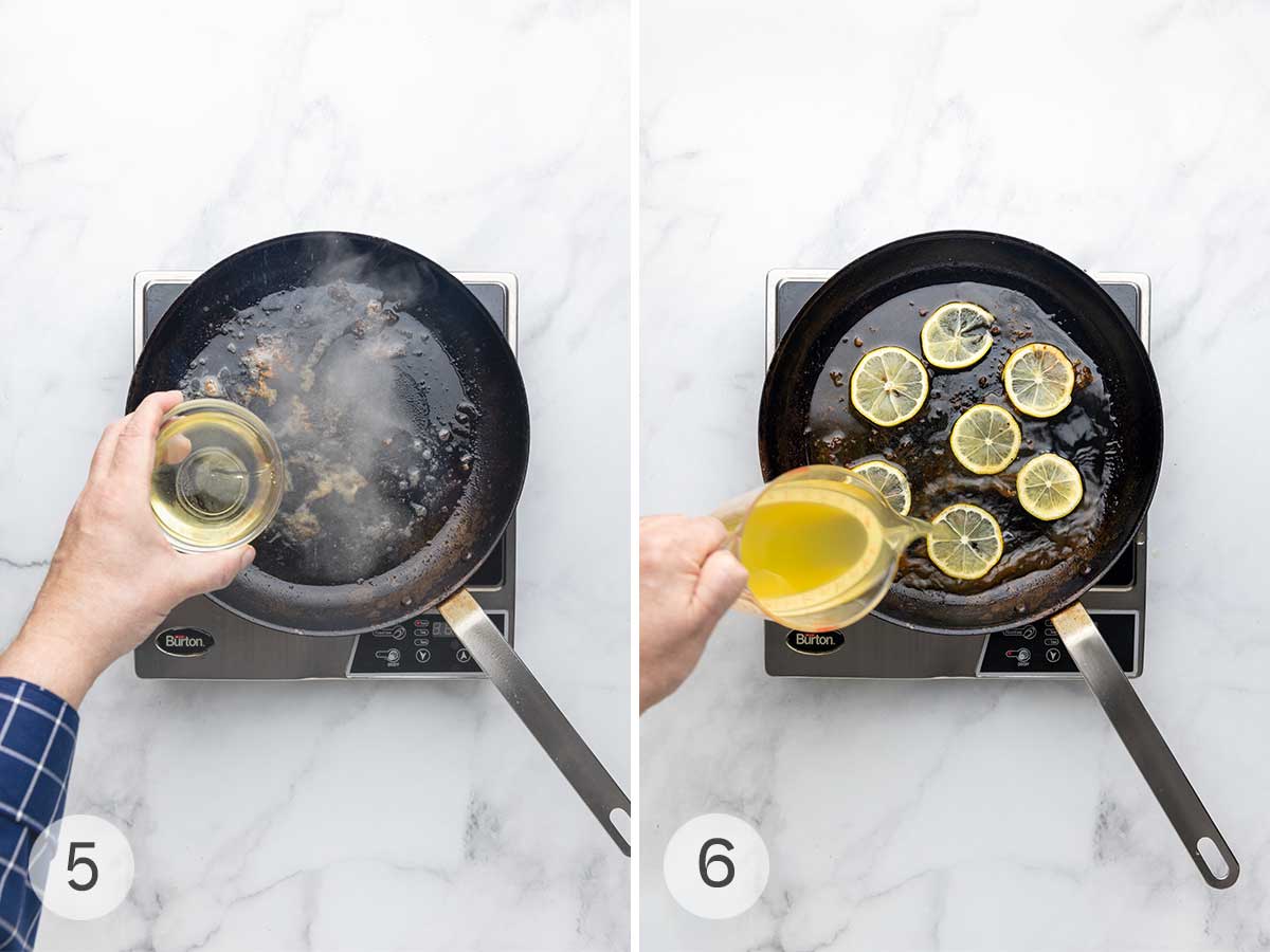 A person pouring white wine into a skillet; a person pouring chicken stock into a skillet of sliced lemons.