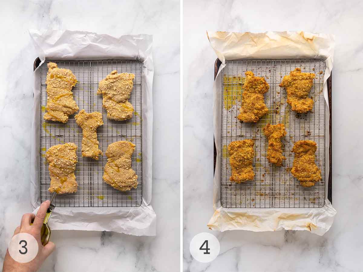 Five uncooked breaded chicken thighs on a rack on a parchment-lined baking sheet; five cooked breaded chicken thighs on a rack on a baking sheet.