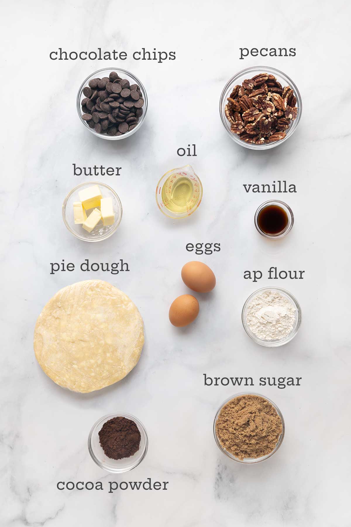 Ingredients for brownie pie--chocolate chips, pecans, butter, oil, vanilla, pie dough, eggs, all purpose flour, brown sugar, and cocoa.