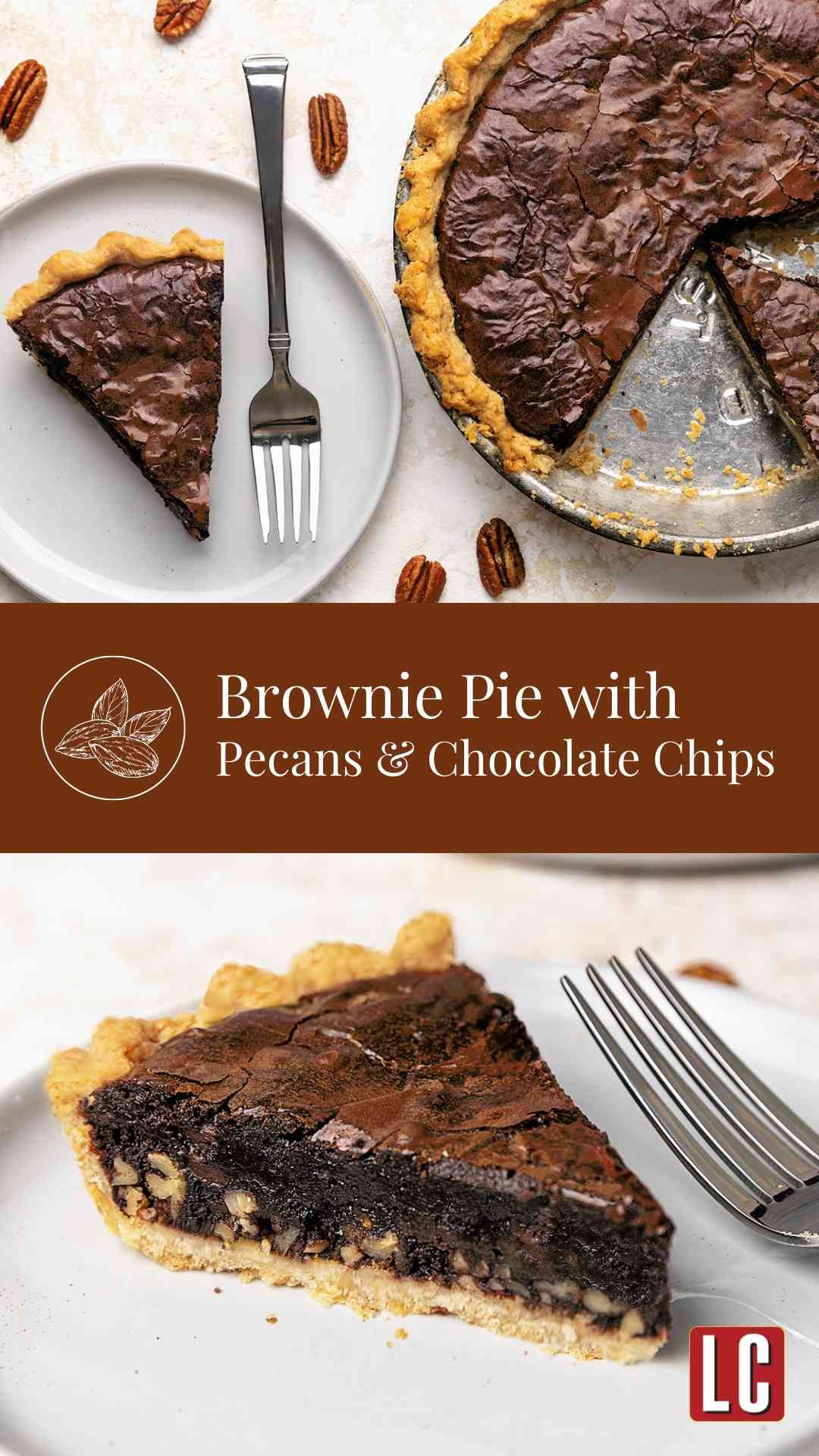 Two slices of brownie pie on plates with the remaining pie nearby.