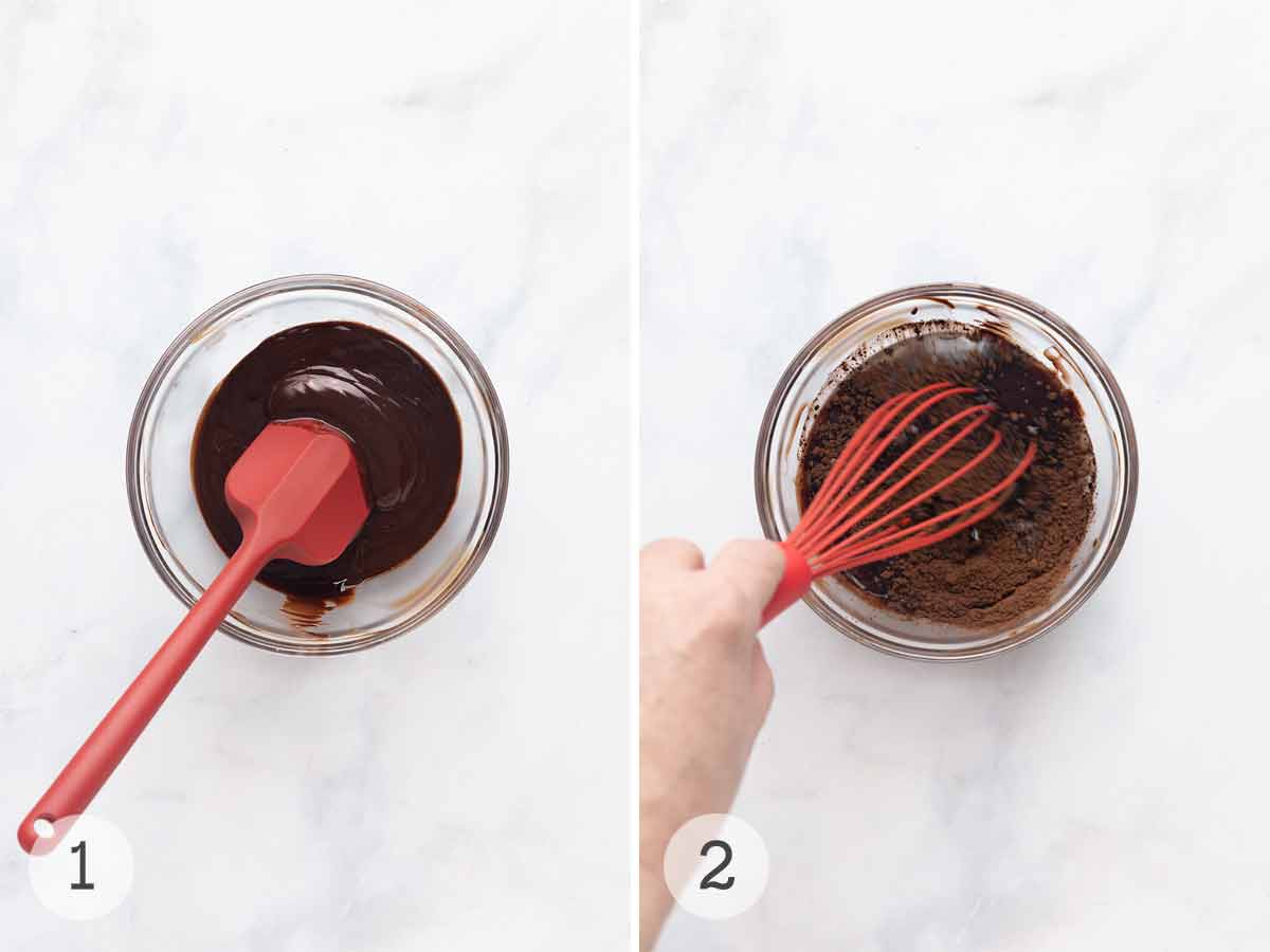 Melted chocolate in a bowl; a person whisking cocoa into the melted chocolate.