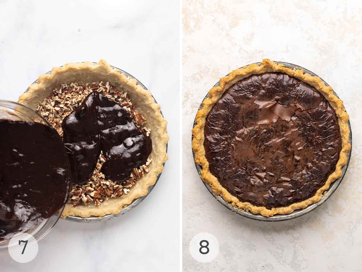 Chocolate filling being poured over pecans in a pie crust; a baked brownie pie with a cracked top.