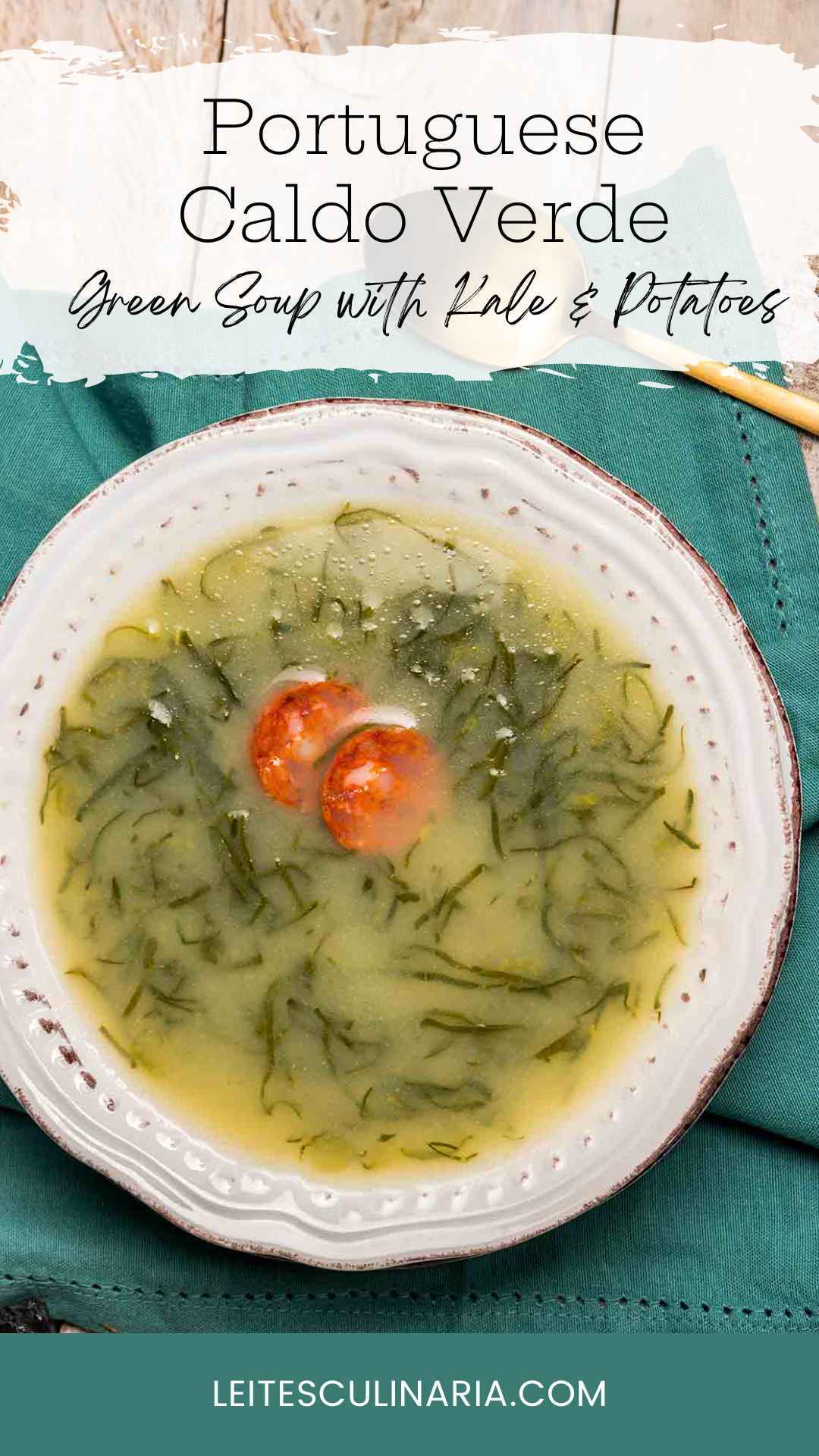 A white bowl of caldo verde, or Portuguese kale soup with thinly sliced kale and a single chorizo coin floating in the center.