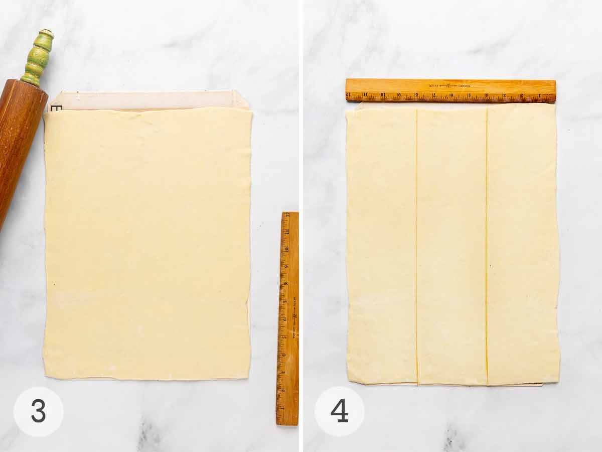 A sheet of puff pastry with a rolling pin and ruler beside it; the pastry scored into three sections with a ruler above it.
