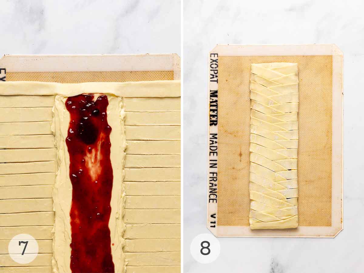 Cheese and jam filling spread down the length of a sheet of scored puff pastry; an assembled Danish on a silpat mat.