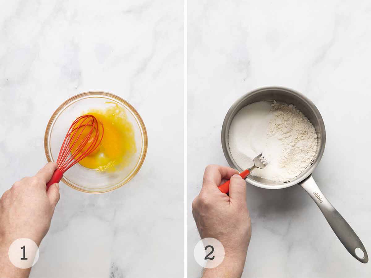 A man's hand whisking egg yolks in a bowl.; a man's hand stirring flour, salt, and sugar in a saucepan.