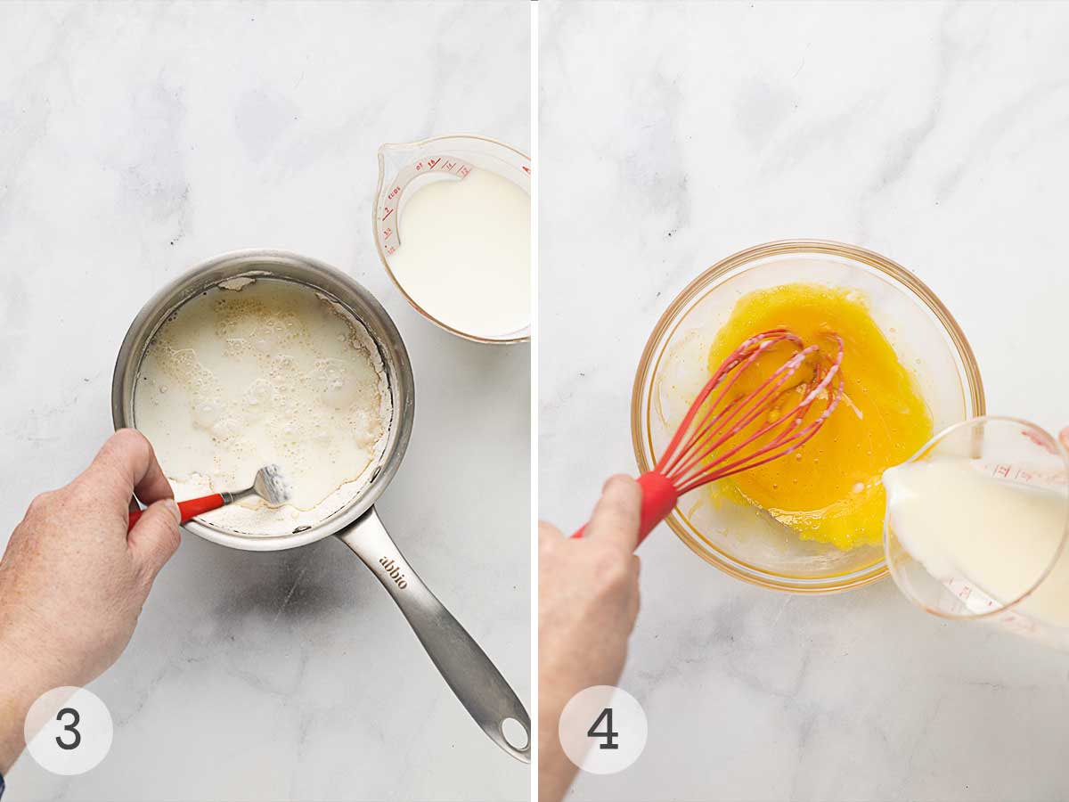 A man's hand mixing flour, salt, sugar, and milk in a saucepan; a man's hand whisking hot milk into egg yolks.