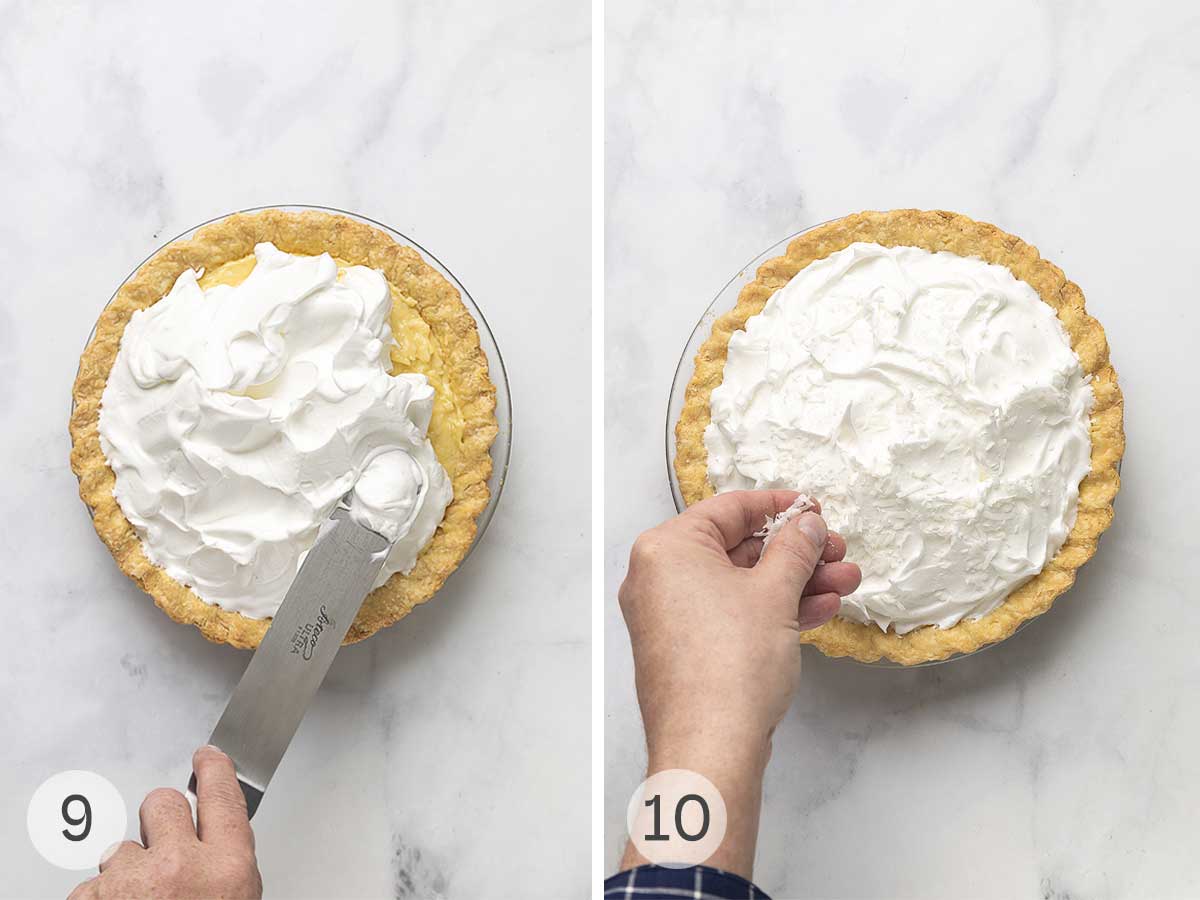 A coconut cream pie with meringue being slathered on it; the same pie being sprinkled with shredded coconut.