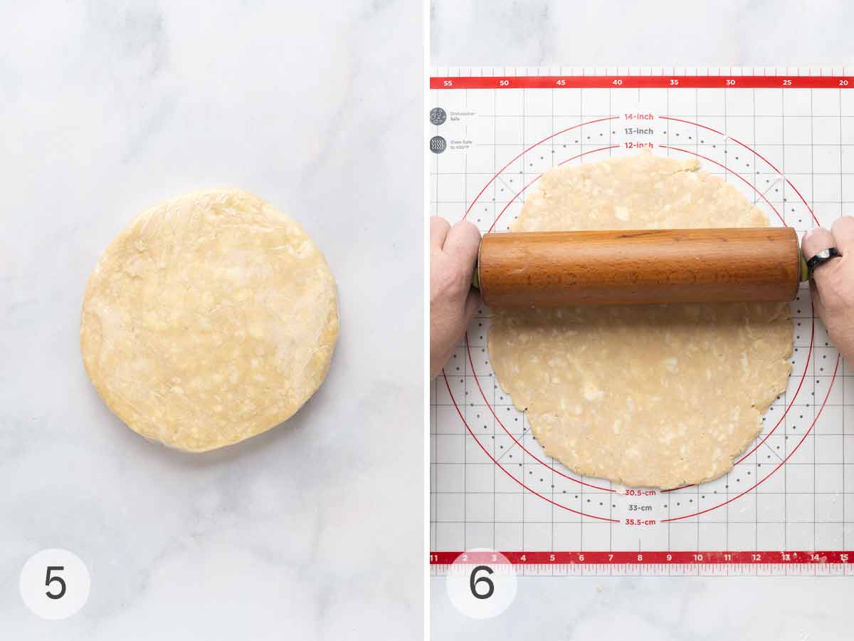 A round disk of pie dough; a person rolling out pie crust on a silpat mat.